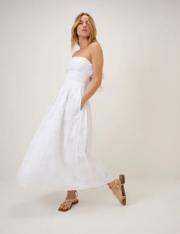 White Embroidered Bandeau Ariella Drop Waist Midi Dress made by Nobody's Child