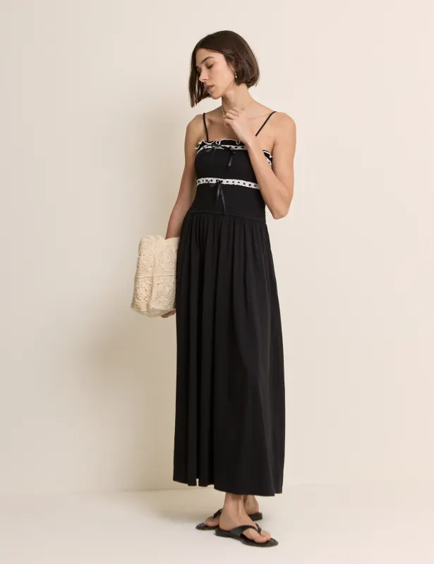 Black Shirred Ruffle Trim Ferne Midi Dress made by Nobody's Child