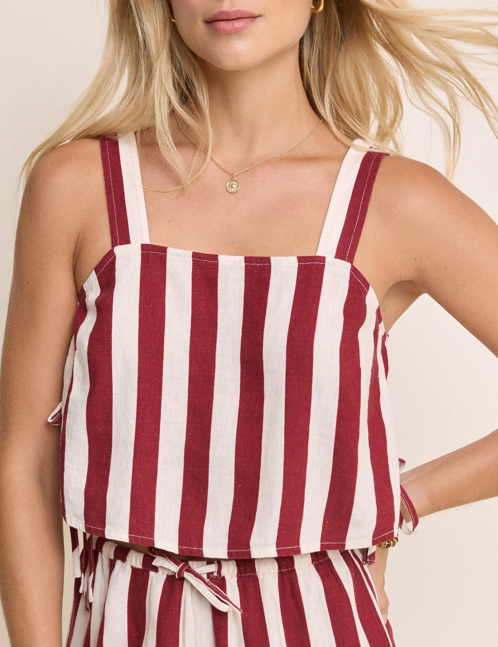 Burgundy Striped Sleeveless Linen-Blend Pillar Top sold by Nobody's Child product image thumbnail 2