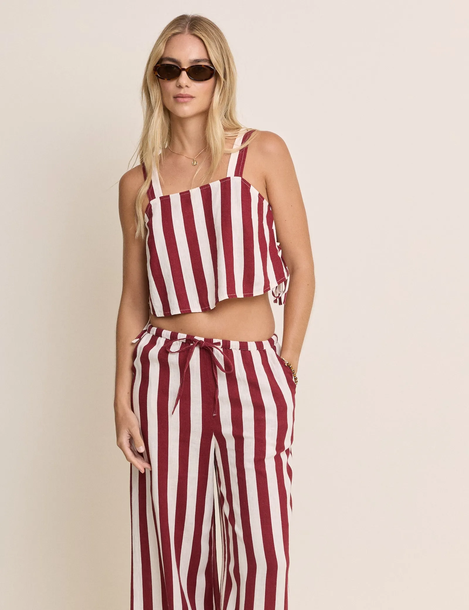 Burgundy Striped Sleeveless Linen-Blend Pillar Top sold by Nobody's Child