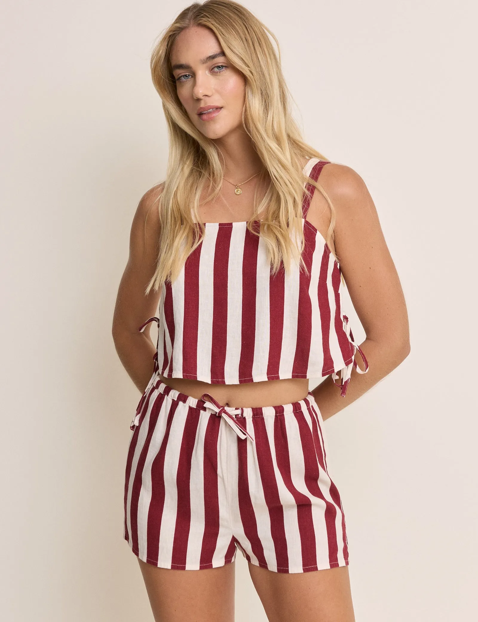 Burgundy Striped Linen-Blend Shannon Short sold by Nobody's Child