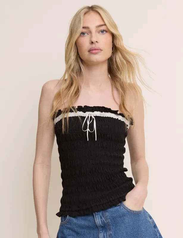 Black Ruffle Trim Shirred Bandeau Top made by Nobody's Child