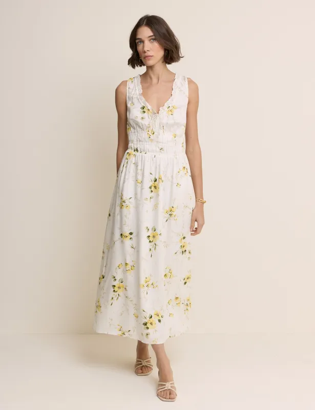 White Floral Shirred Sleeveless Isabella Midi Dress made by Nobody's Child