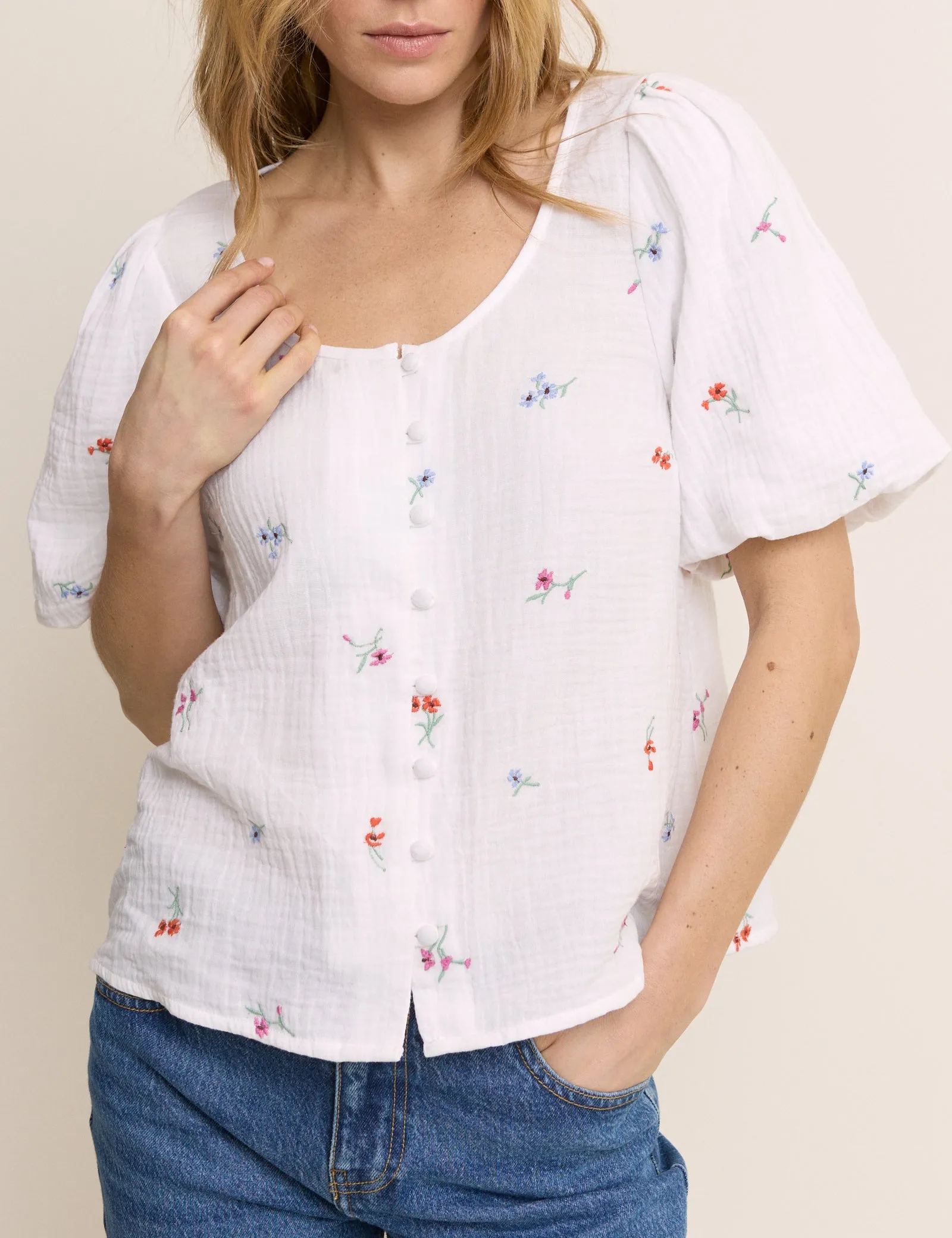 White Embroidered Scoop Neck Edris Blouse sold by Nobody's Child product image thumbnail 3