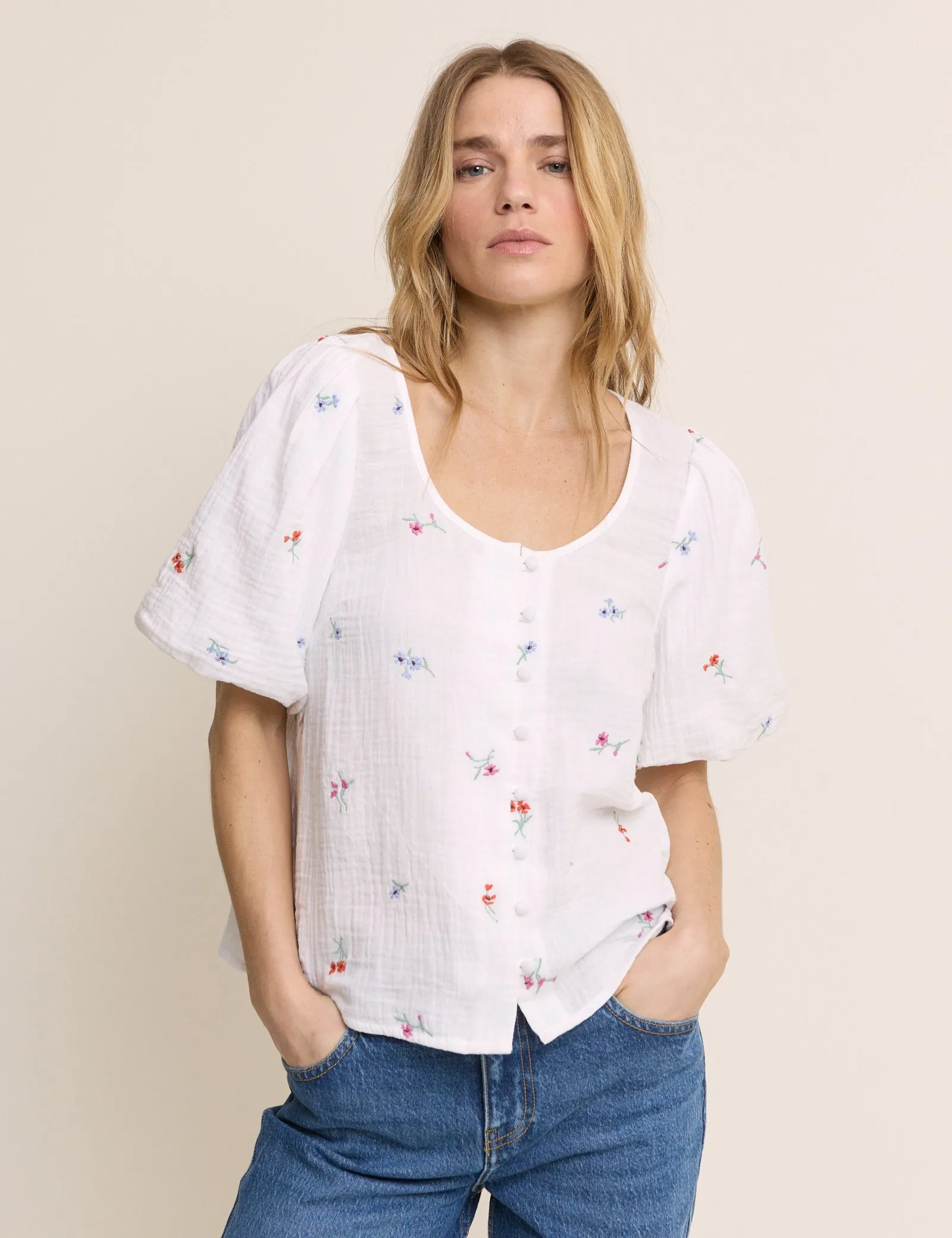 White Embroidered Scoop Neck Edris Blouse sold by Nobody's Child