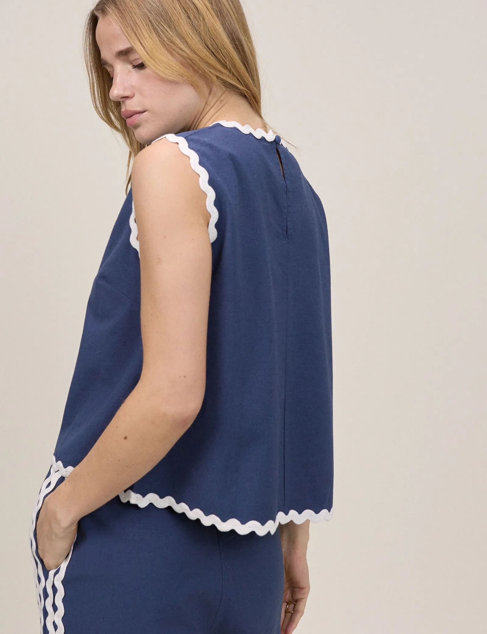 Dark Blue Sleeveless Ric Rac Trim Top sold by Nobody's Child product image thumbnail 5