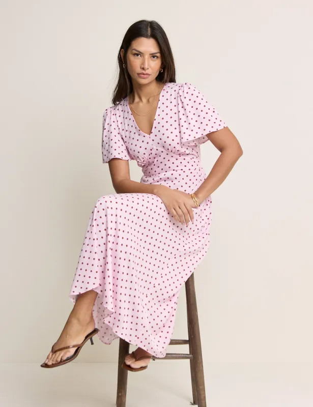 Pink and Brown Polka Dot Atlas Midi Dress made by Nobody's Child