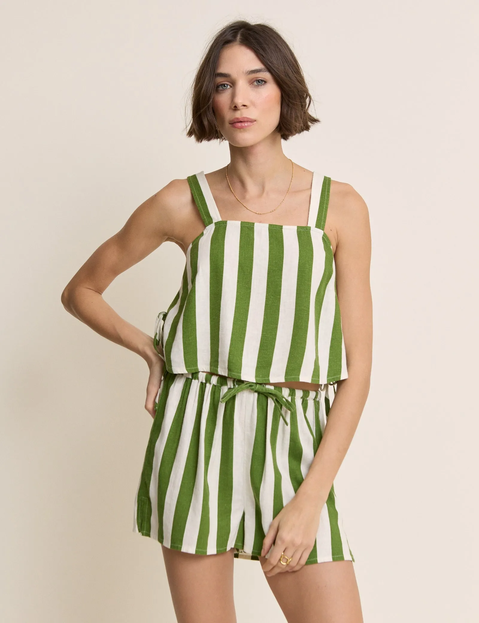 Green Striped Linen-Blend Shannon Short sold by Nobody's Child