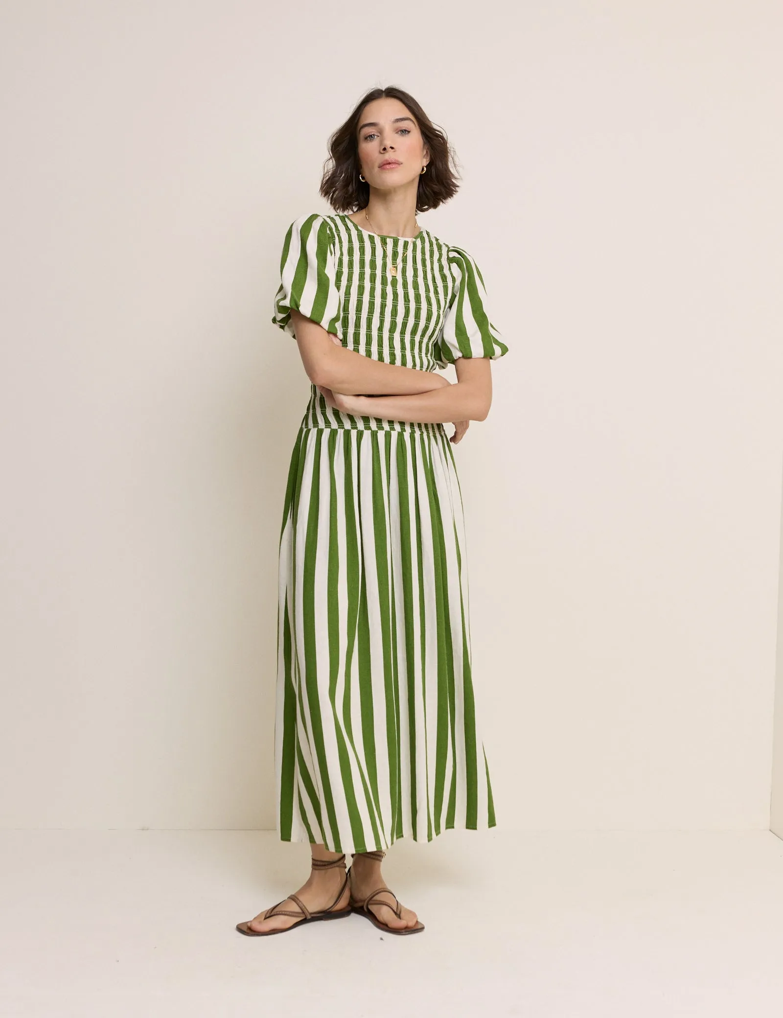 Green Striped Shirred Drop Waist Amanda Midi Dress sold by Nobody's Child