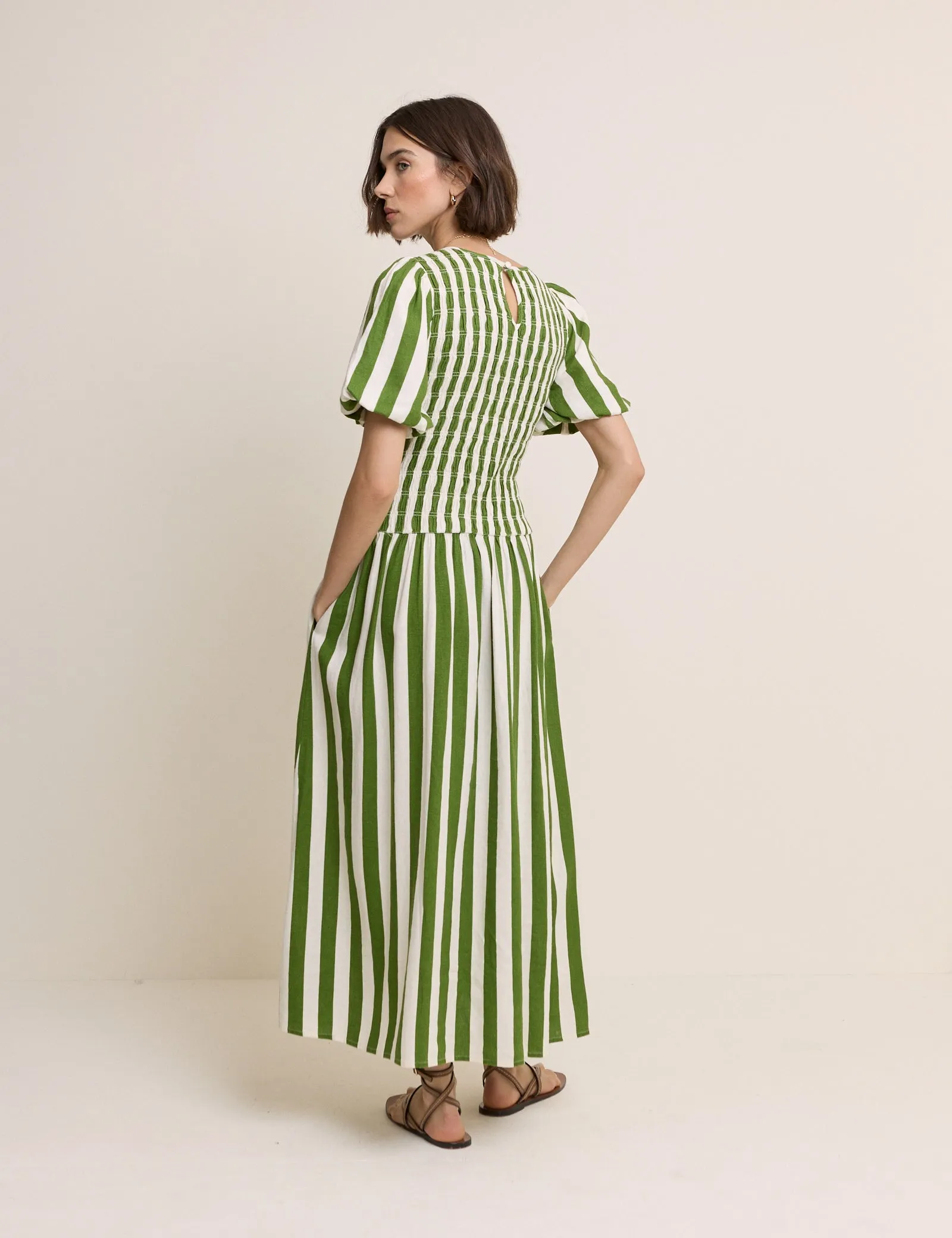 Green Striped Shirred Drop Waist Amanda Midi Dress sold by Nobody's Child product image thumbnail 4