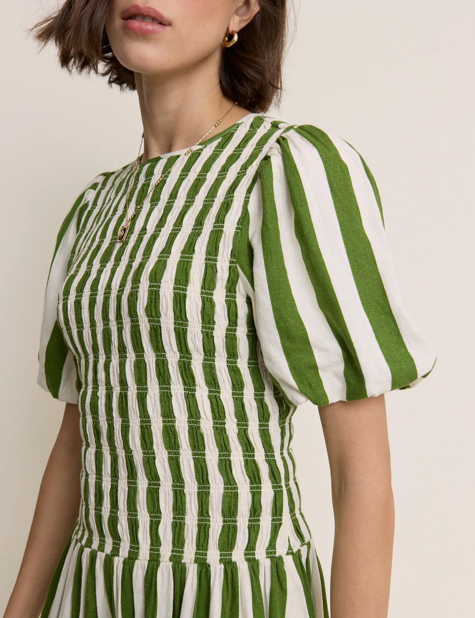 Green Striped Shirred Drop Waist Amanda Midi Dress sold by Nobody's Child product image thumbnail 3