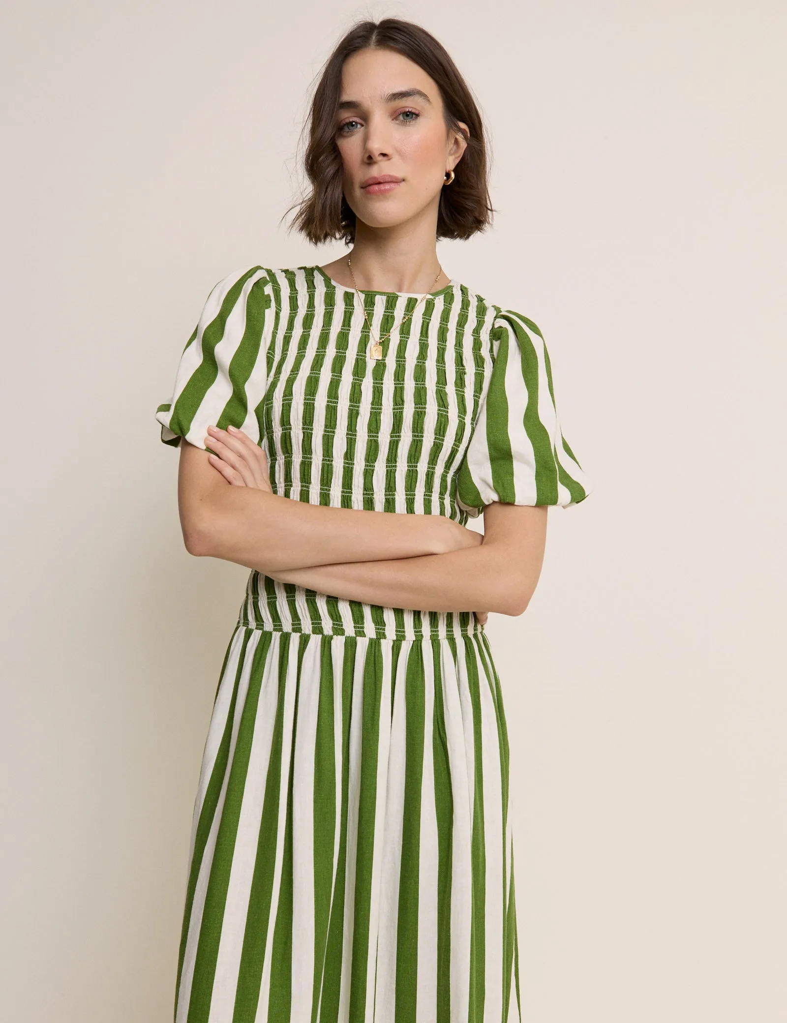 Green Striped Shirred Drop Waist Amanda Midi Dress sold by Nobody's Child product image thumbnail 5
