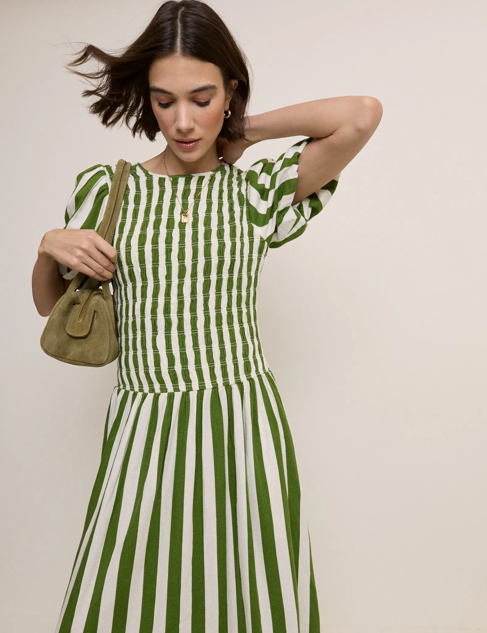 Green Striped Shirred Drop Waist Amanda Midi Dress sold by Nobody's Child product image thumbnail 2