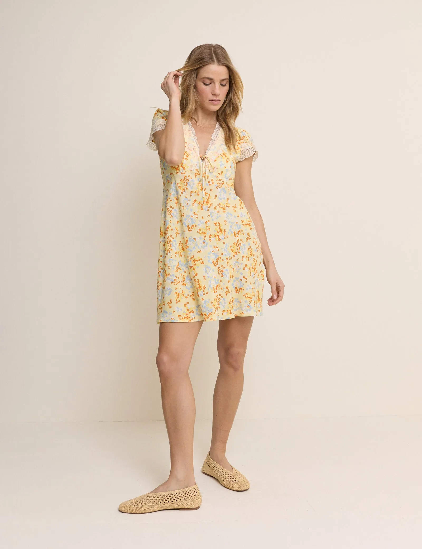 Yellow Floral Lace Trim Aida Mini Dress sold by Nobody's Child