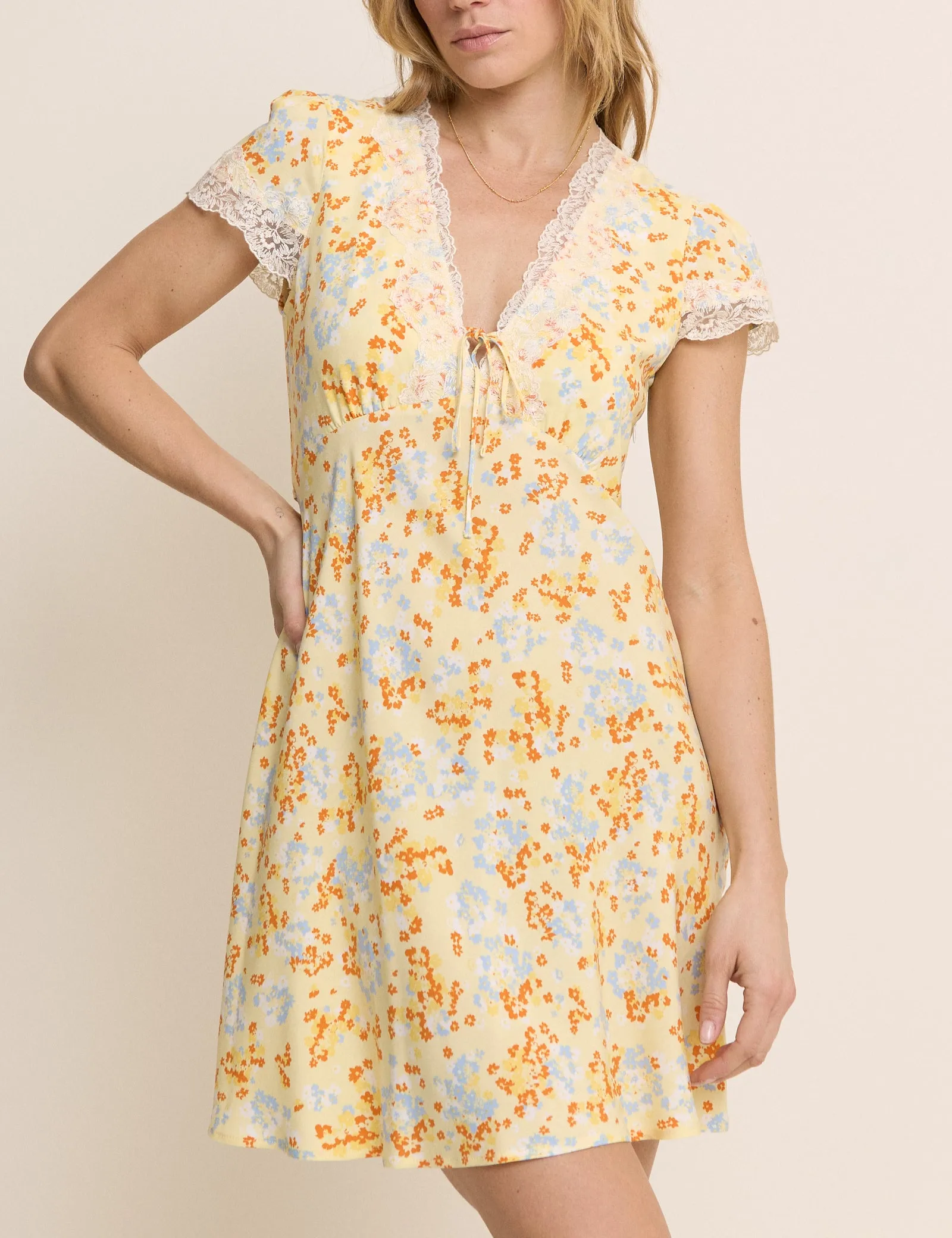 Yellow Floral Lace Trim Aida Mini Dress sold by Nobody's Child product image thumbnail 2
