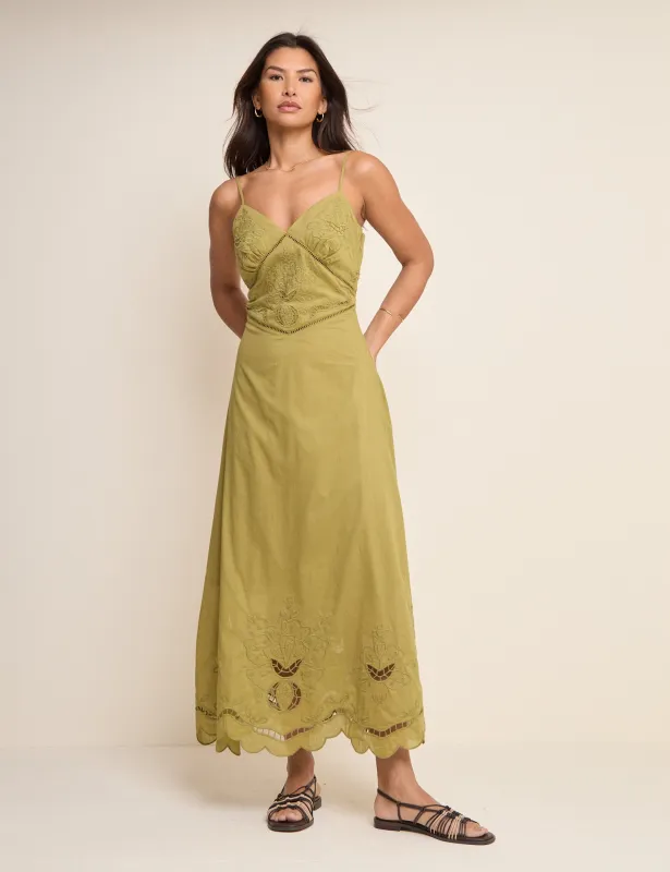 Khaki Broderie Anglaise Brooke Midi Dress made by Nobody's Child