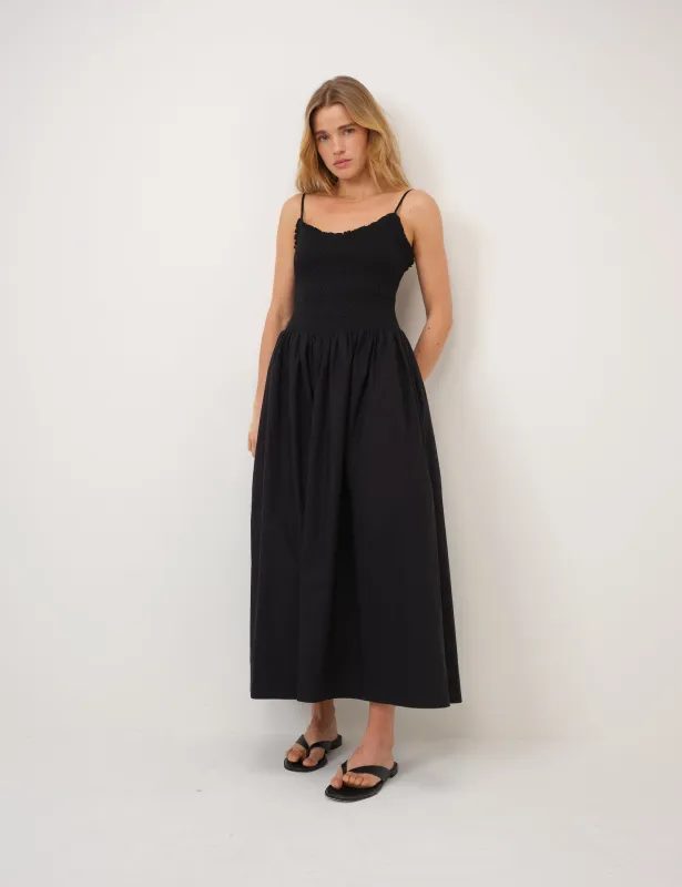 Black Shirred Drop Waist Daisy Midi Dress made by Nobody's Child