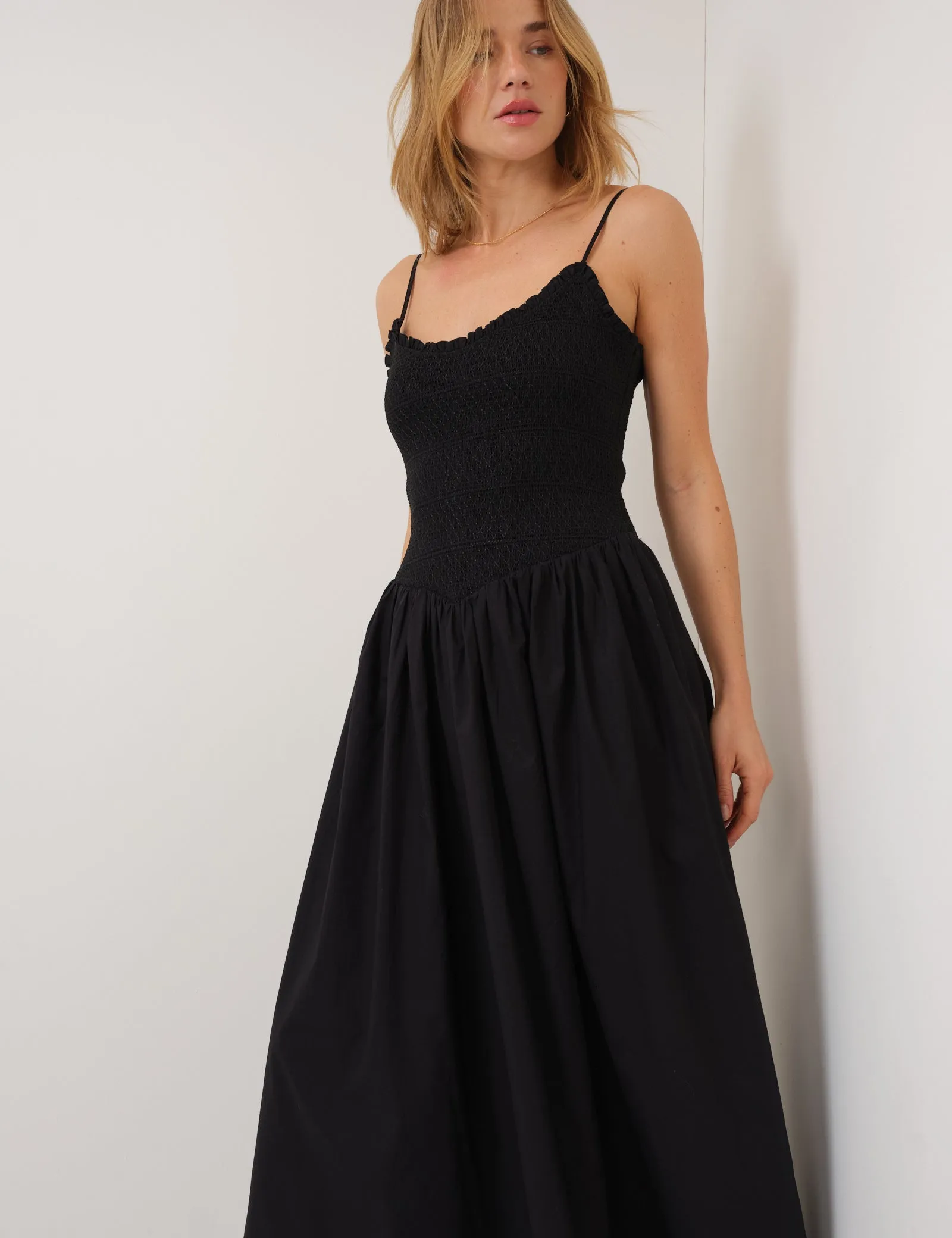 Black Shirred Drop Waist Daisy Midi Dress sold by Nobody's Child product image thumbnail 2