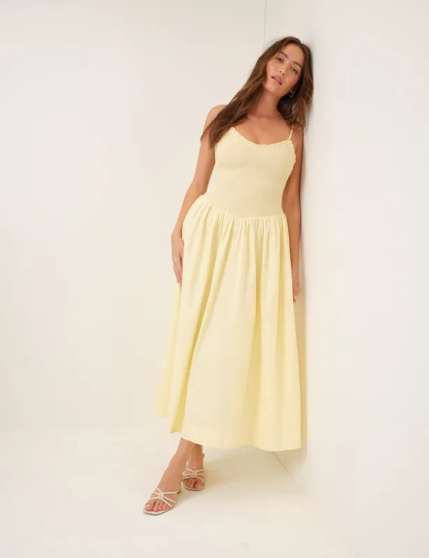 Butter Yellow Shirred Drop Waist Daisy Midi Dress made by Nobody's Child