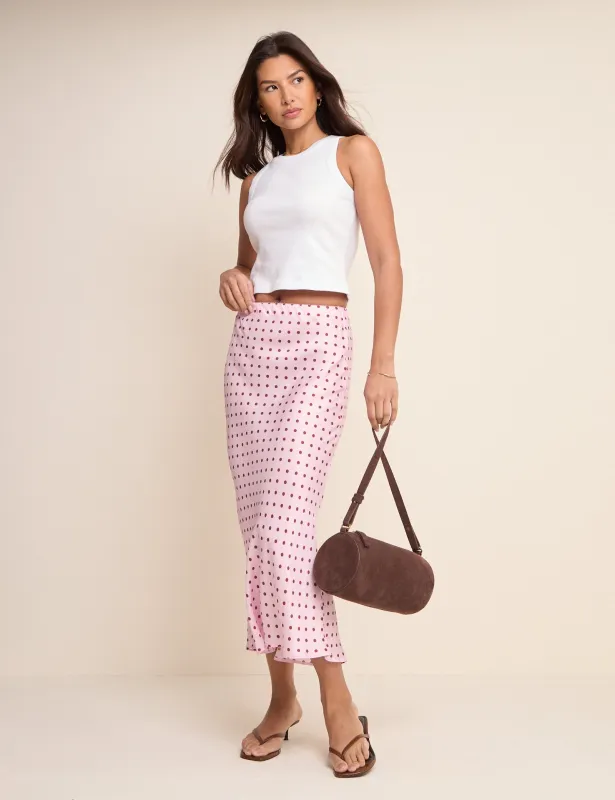 Pink and Brown Polka Dot Satin Midi Skirt made by Nobody's Child