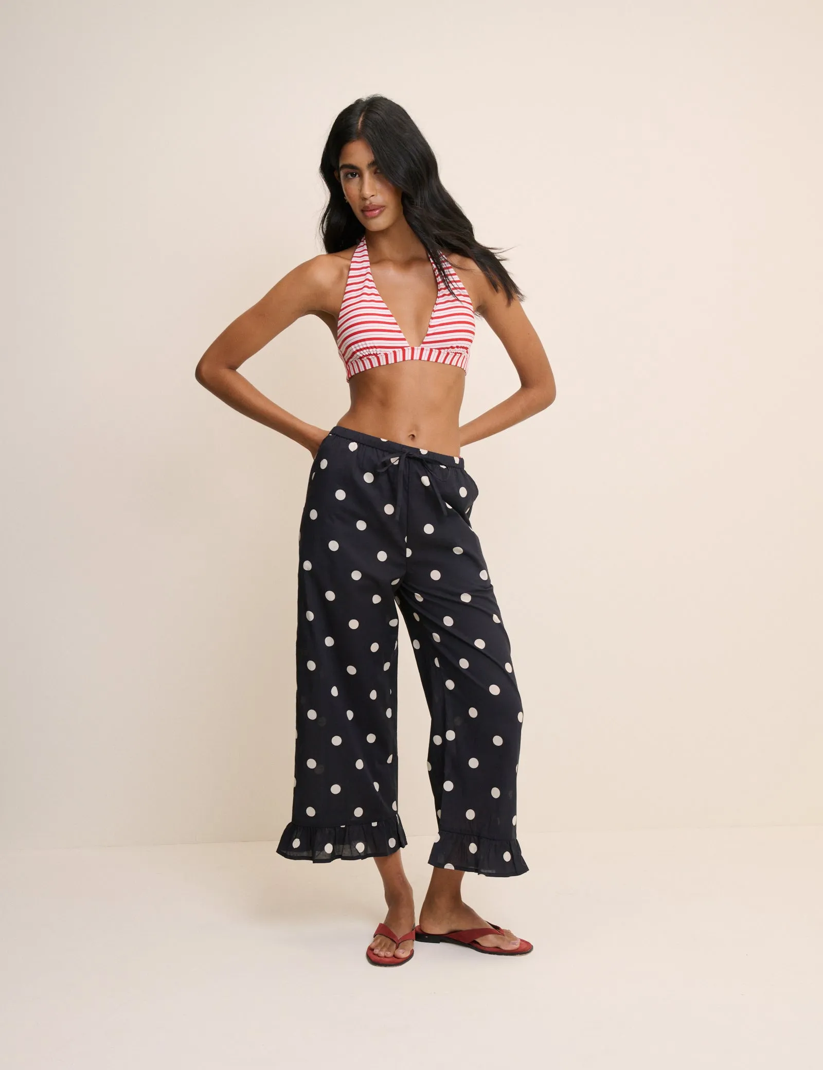 Black Polka Dot Cotton Beach Trousers sold by Nobody's Child