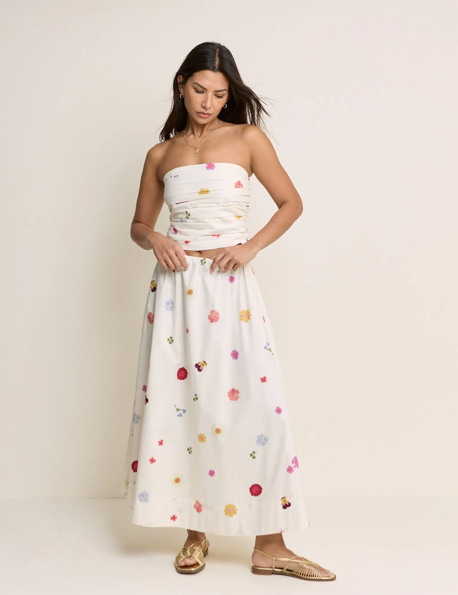 White Floral Poplin Midi Skirt sold by Nobody's Child