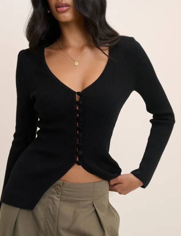 Black V-neck Button Through Waisted Cardigan made by Nobody's Child