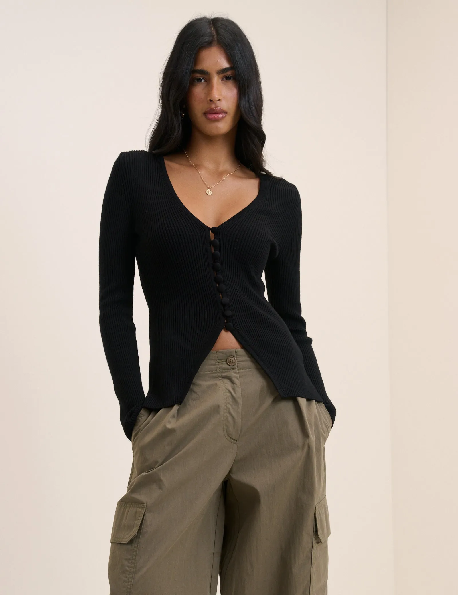 Black V-neck Button Through Waisted Cardigan sold by Nobody's Child product image thumbnail 2