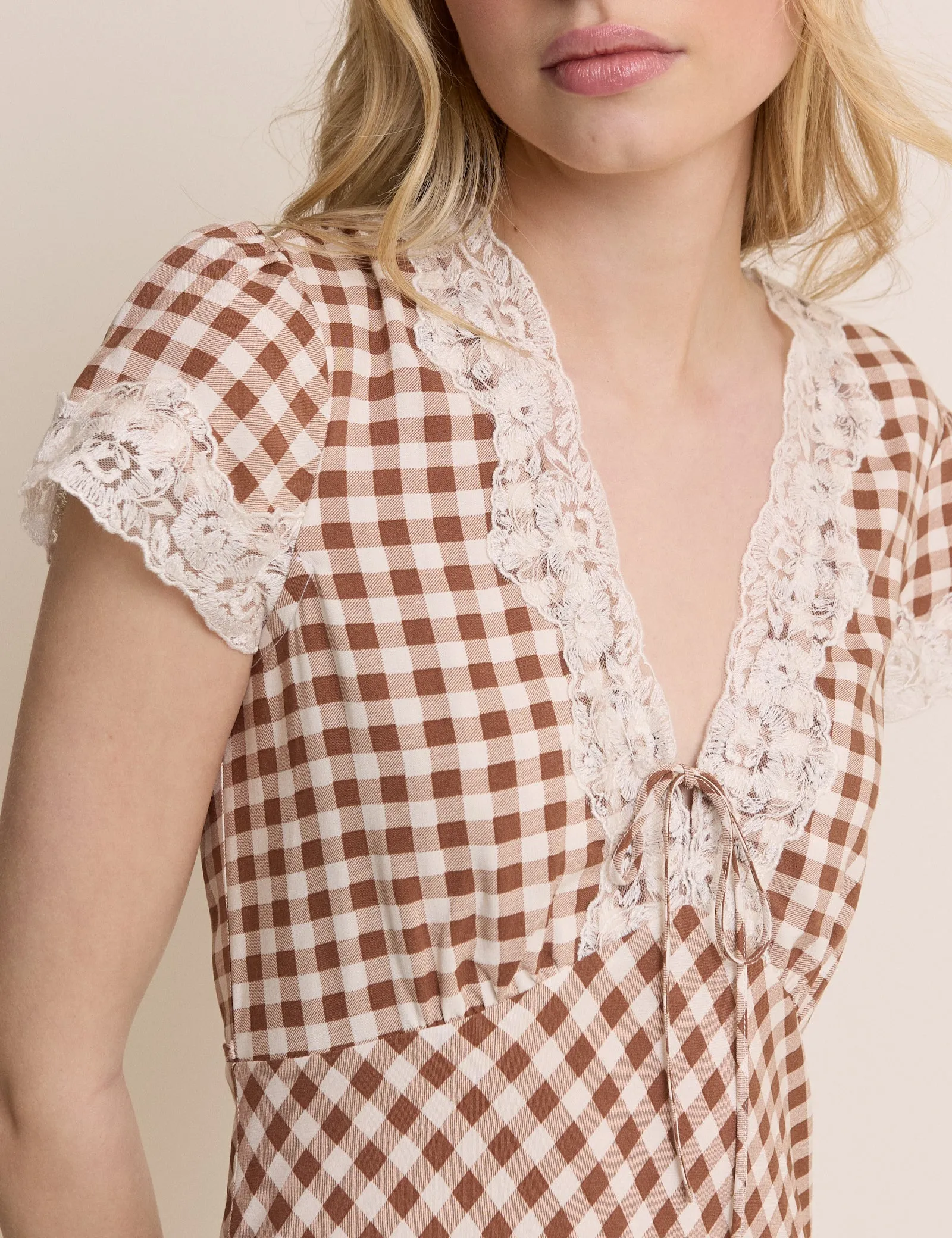 Brown Gingham Lace Trim Aida Midi Dress sold by Nobody's Child product image thumbnail 4