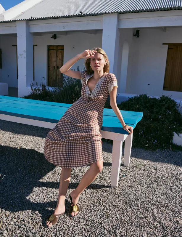 Brown Gingham Lace Trim Aida Midi Dress made by Nobody's Child