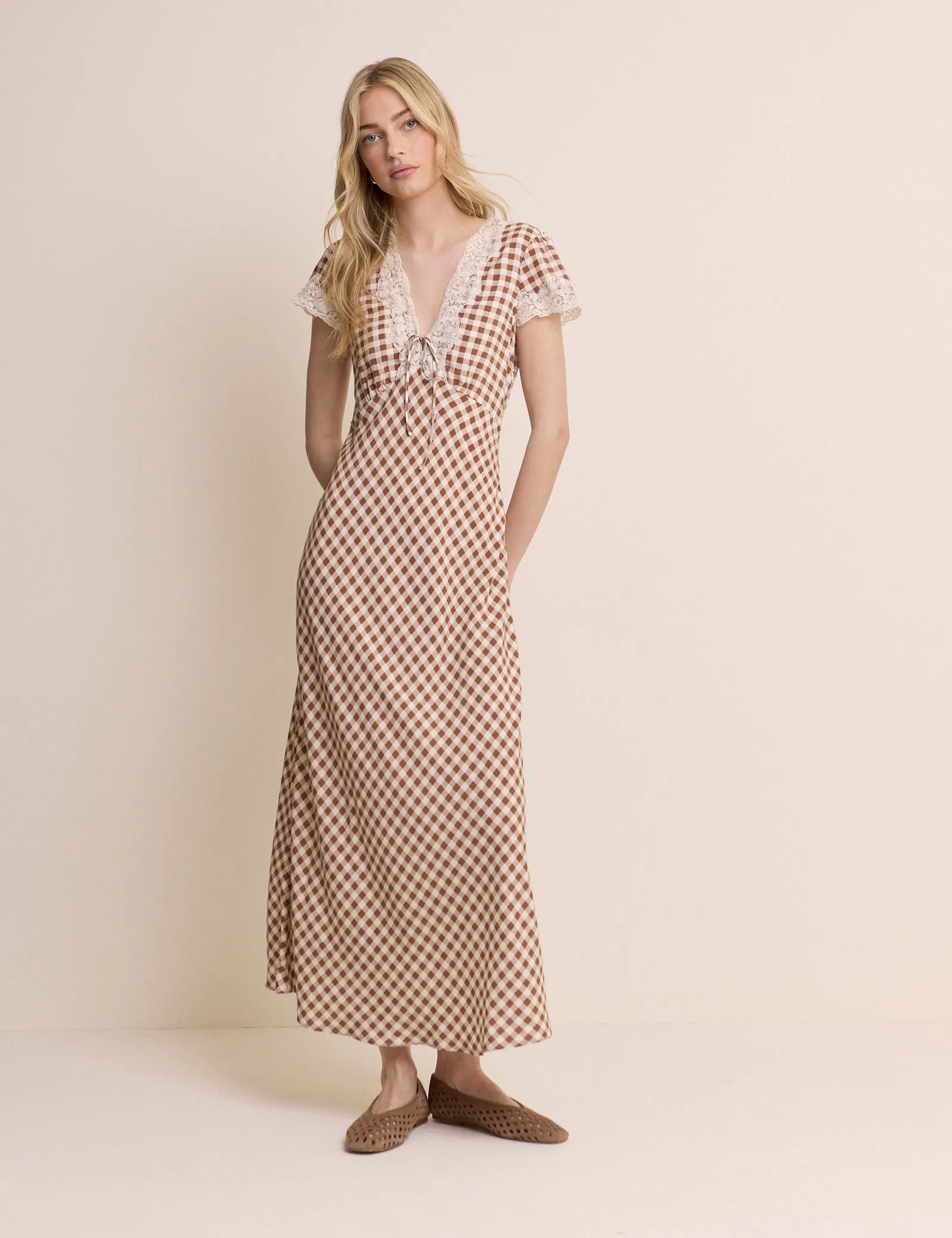 Brown Gingham Lace Trim Aida Midi Dress sold by Nobody's Child product image thumbnail 2