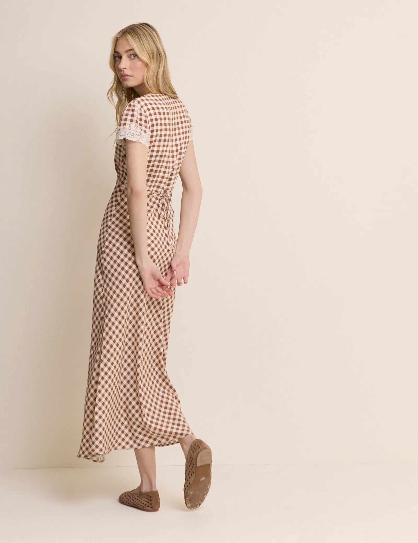 Brown Gingham Lace Trim Aida Midi Dress sold by Nobody's Child product image thumbnail 5