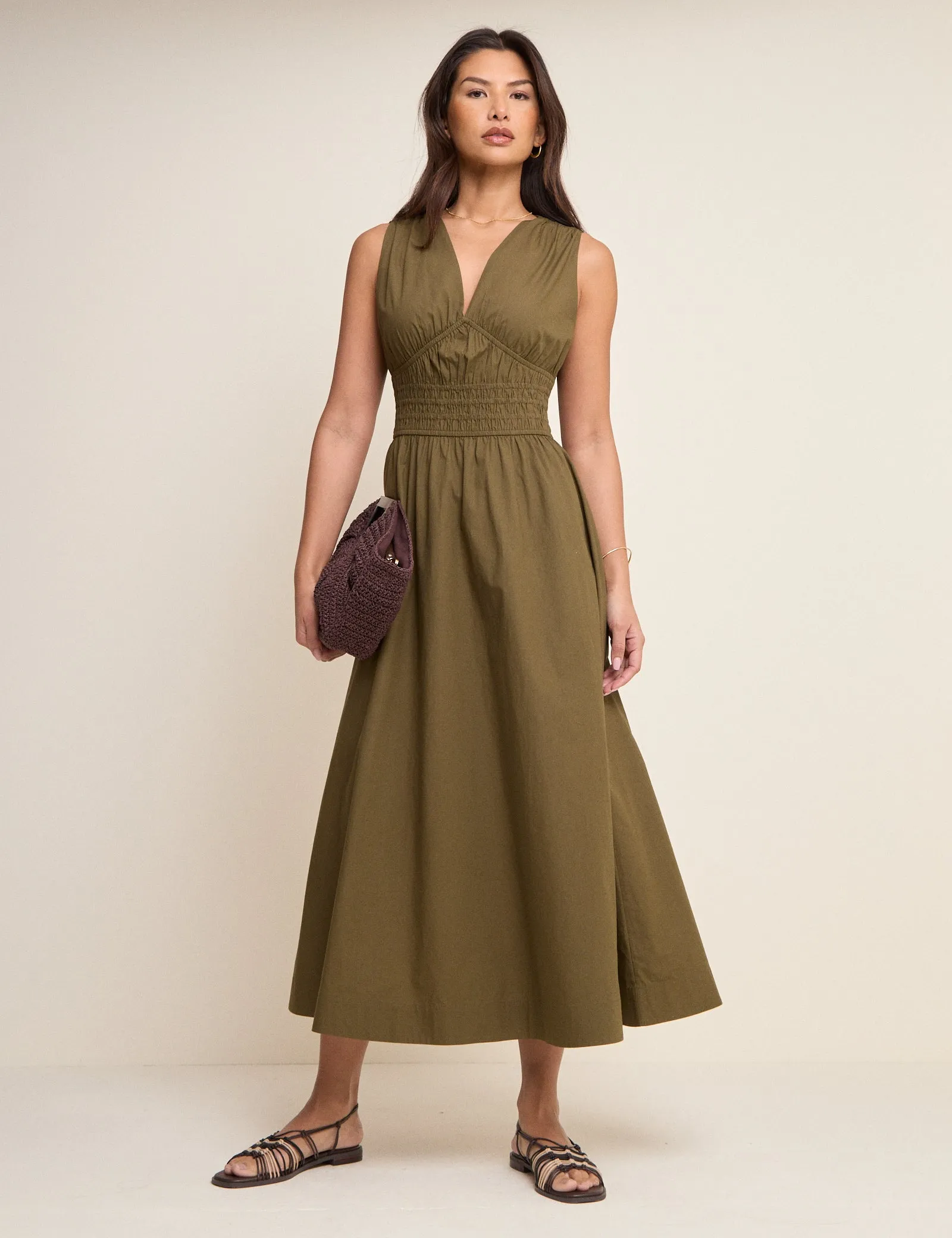 Khaki Sleeveless Angelica Midi Dress sold by Nobody's Child