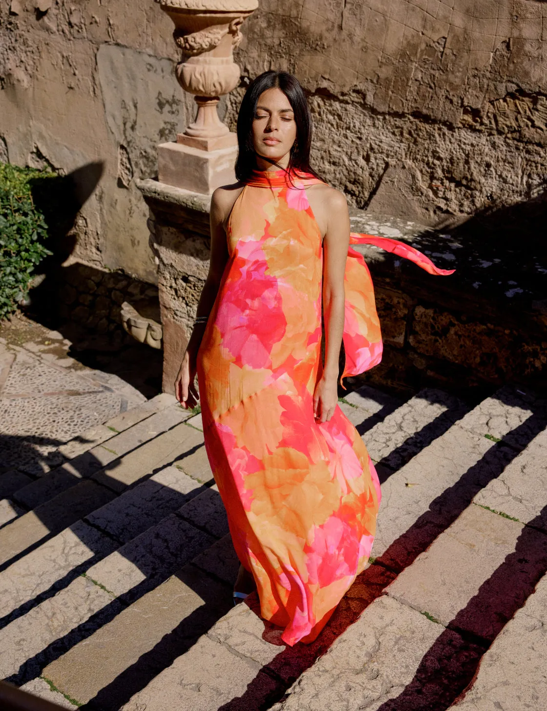Pink and Orange Floral Halterneck Nala Maxi Dress sold by Nobody's Child