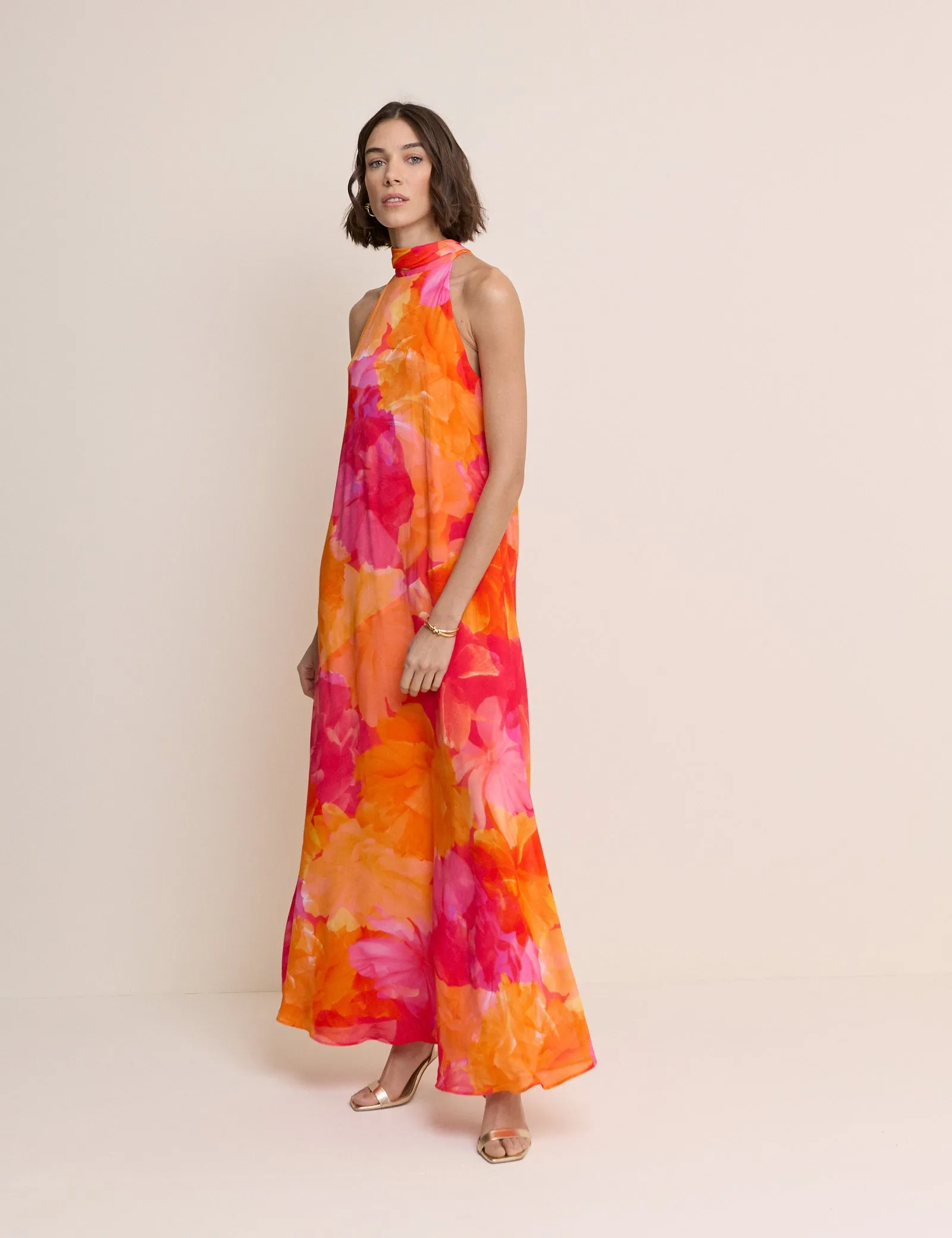 Pink and Orange Floral Halterneck Nala Maxi Dress sold by Nobody's Child product image thumbnail 3