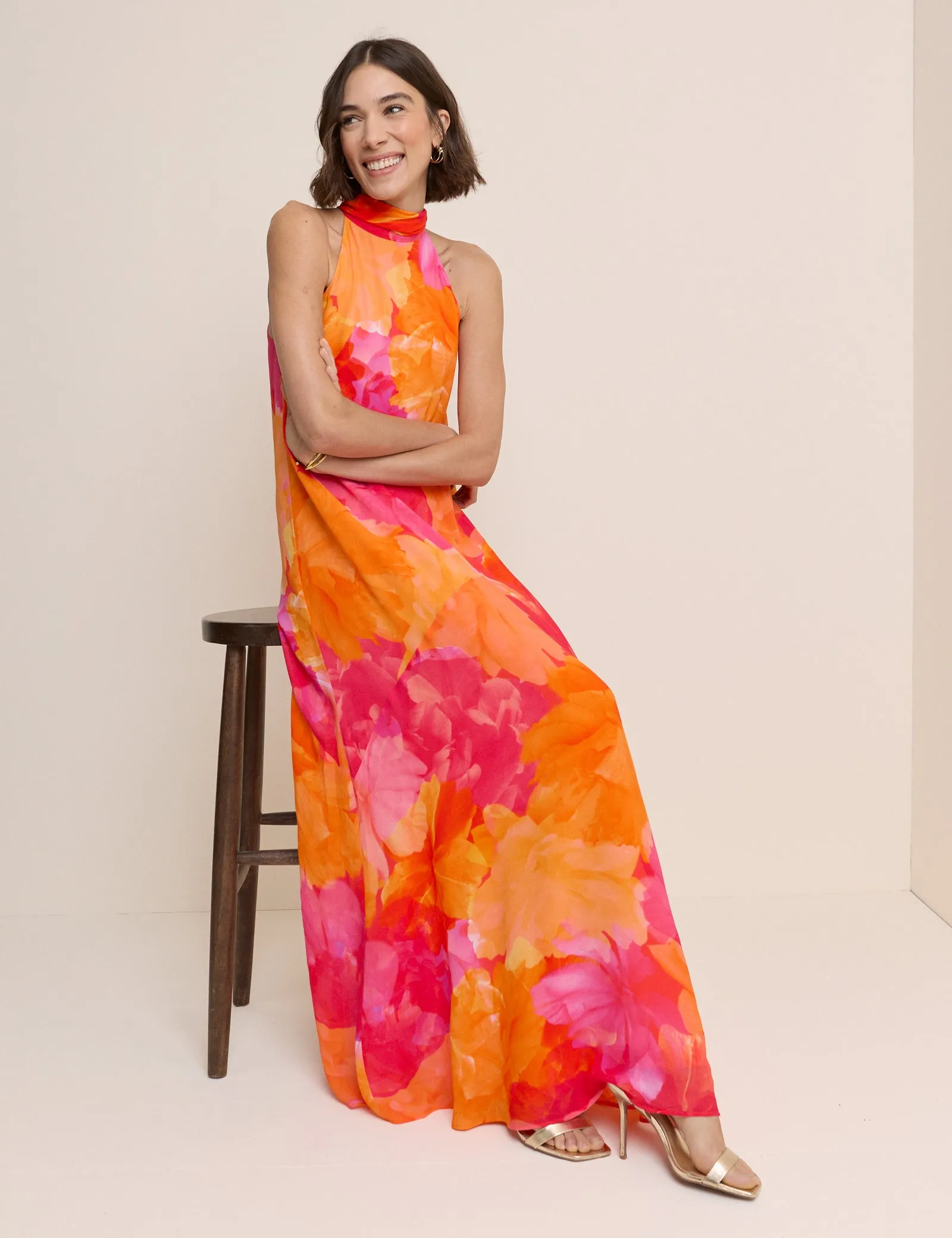 Pink and Orange Floral Halterneck Nala Maxi Dress sold by Nobody's Child product image thumbnail 2