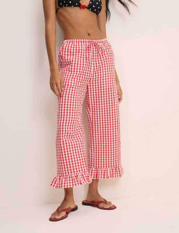 Red Gingham Frill Edge Beach Trousers made by Nobody's Child