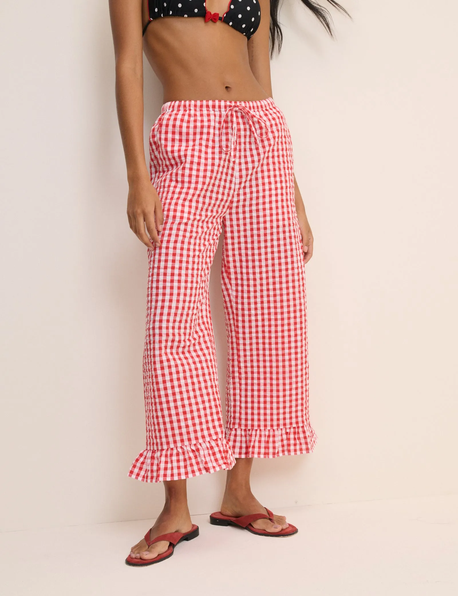 Red Gingham Frill Edge Beach Trousers sold by Nobody's Child