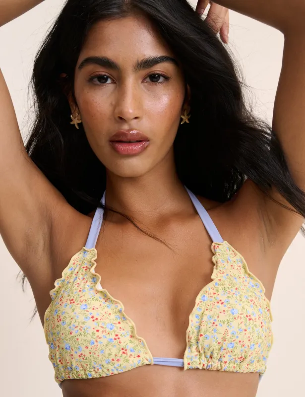 Yellow Ditsy Floral Frill Edge Bikini Top made by Nobody's Child