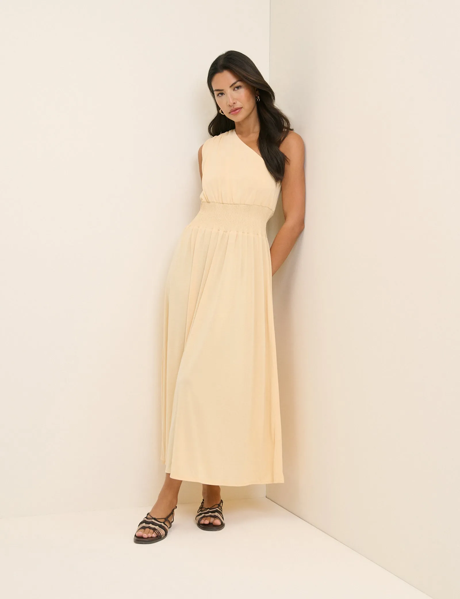 Butter Yellow One Shoulder Lorena Jersey Midi Dress sold by Nobody's Child