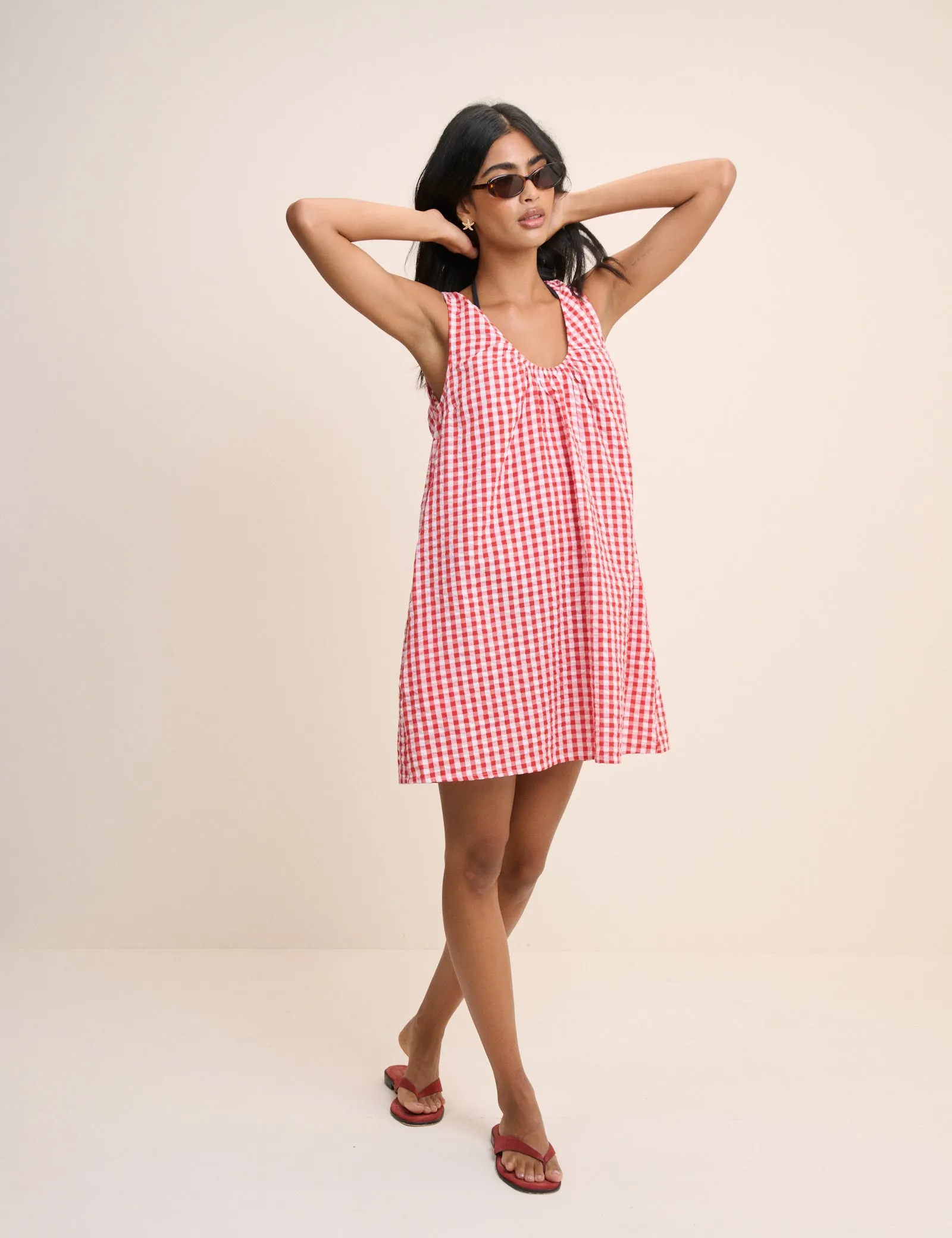 Red Gingham Scoop Neck Mini Beach Dress sold by Nobody's Child