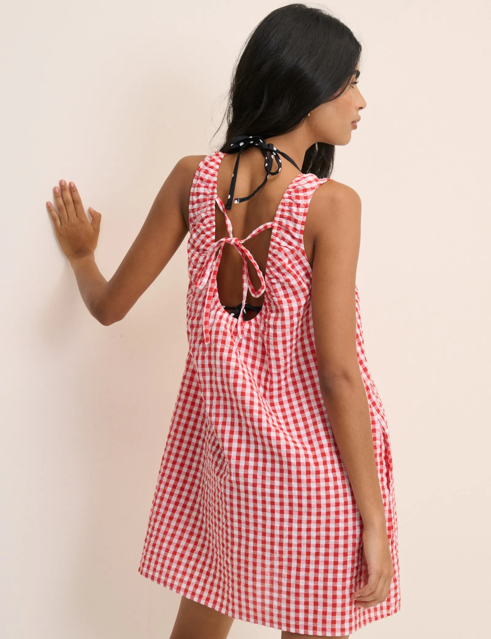 Red Gingham Scoop Neck Mini Beach Dress sold by Nobody's Child product image thumbnail 4