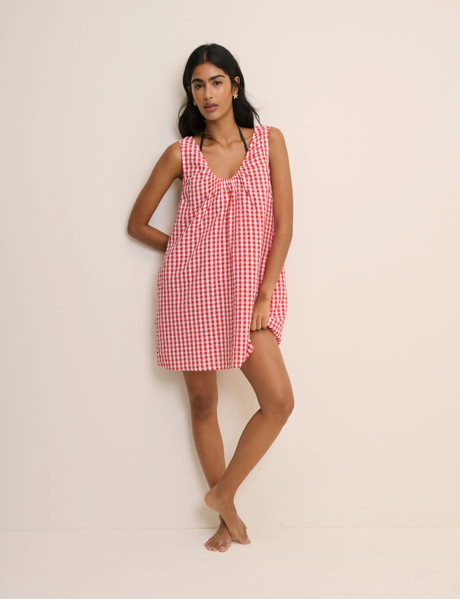 Red Gingham Scoop Neck Mini Beach Dress sold by Nobody's Child product image thumbnail 3