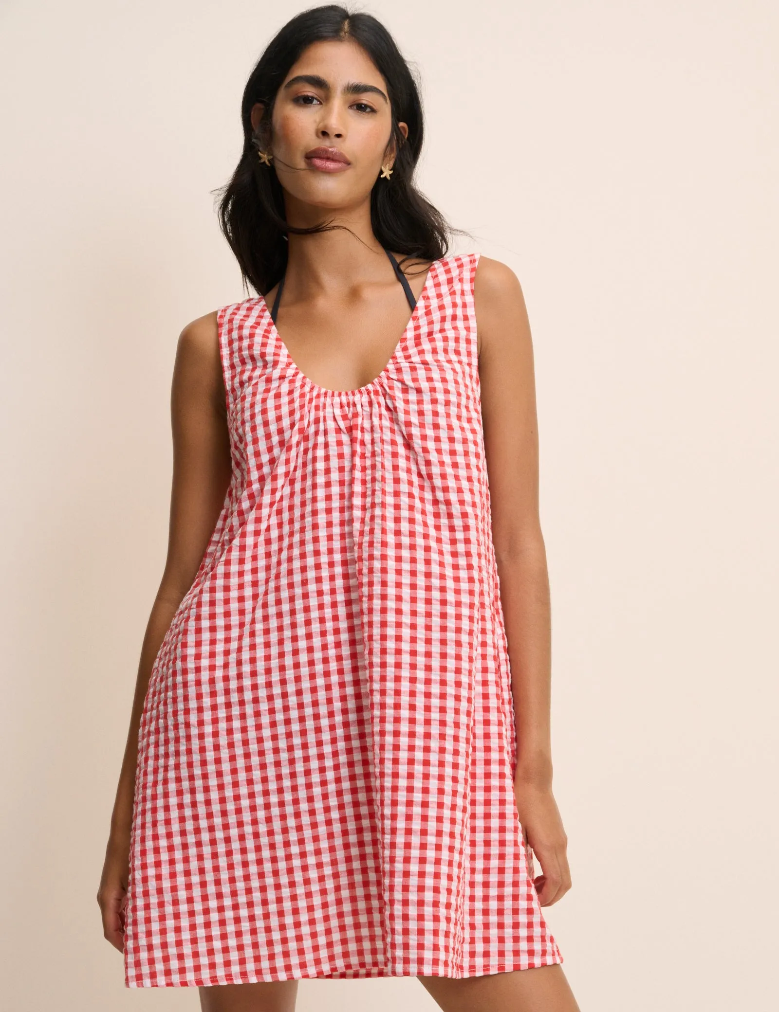 Red Gingham Scoop Neck Mini Beach Dress sold by Nobody's Child product image thumbnail 2