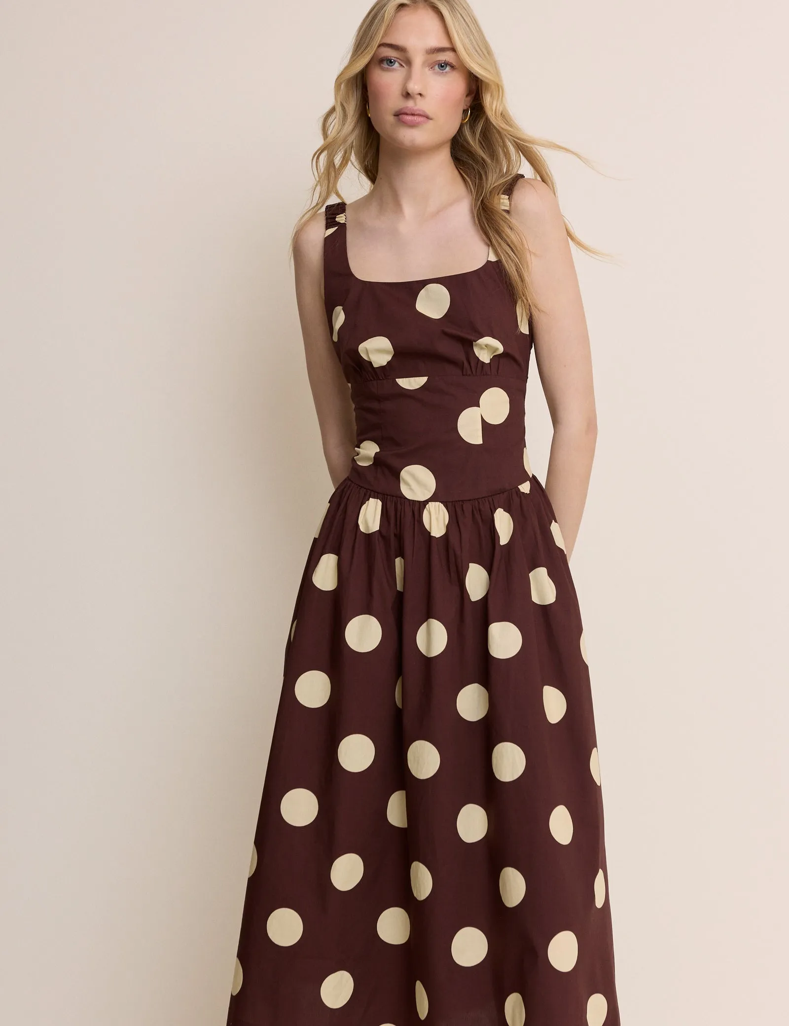 Brown and Cream Polka Dot Panelled Soraya Midi Dress sold by Nobody's Child product image thumbnail 4