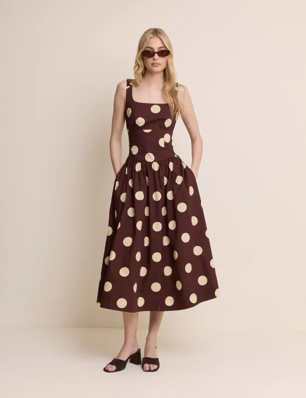 Brown and Cream Polka Dot Panelled Soraya Midi Dress made by Nobody's Child