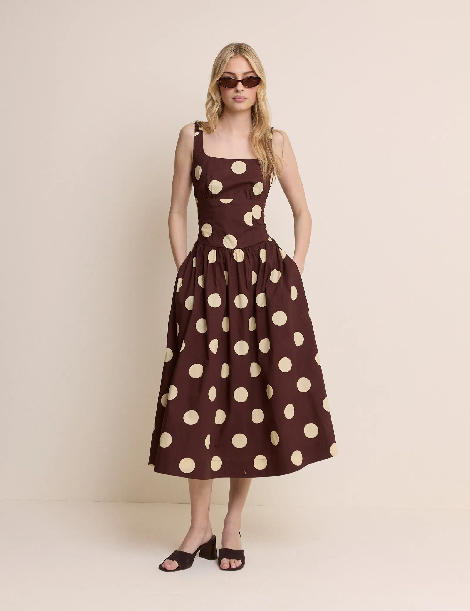 Brown and Cream Polka Dot Panelled Soraya Midi Dress sold by Nobody's Child