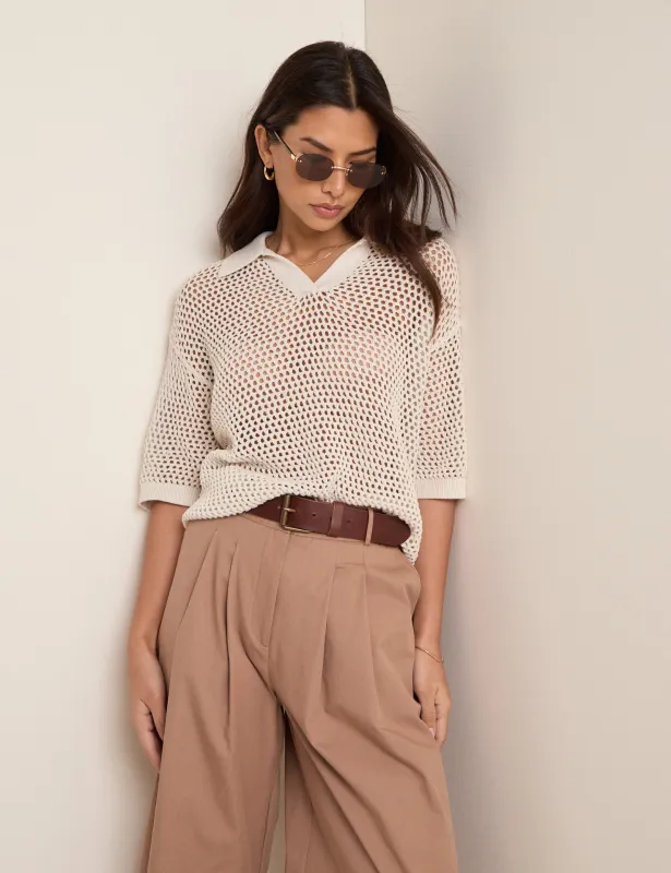 White Open Collar Polo Knitted Top made by Nobody's Child