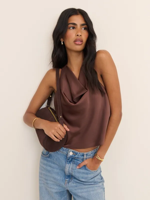 Brown Cowl Neck Satin Top made by Nobody's Child