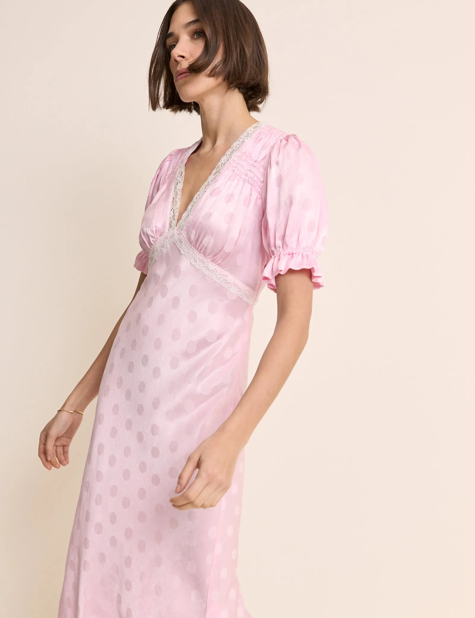 Pink Polka Dot Satin Puff Sleeve Angela Midi Dress sold by Nobody's Child product image thumbnail 4